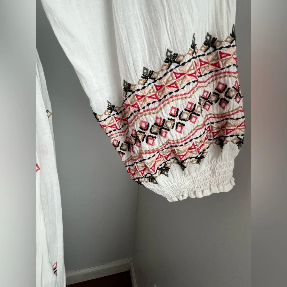 Free People White and Pink Embroidered Tunic
